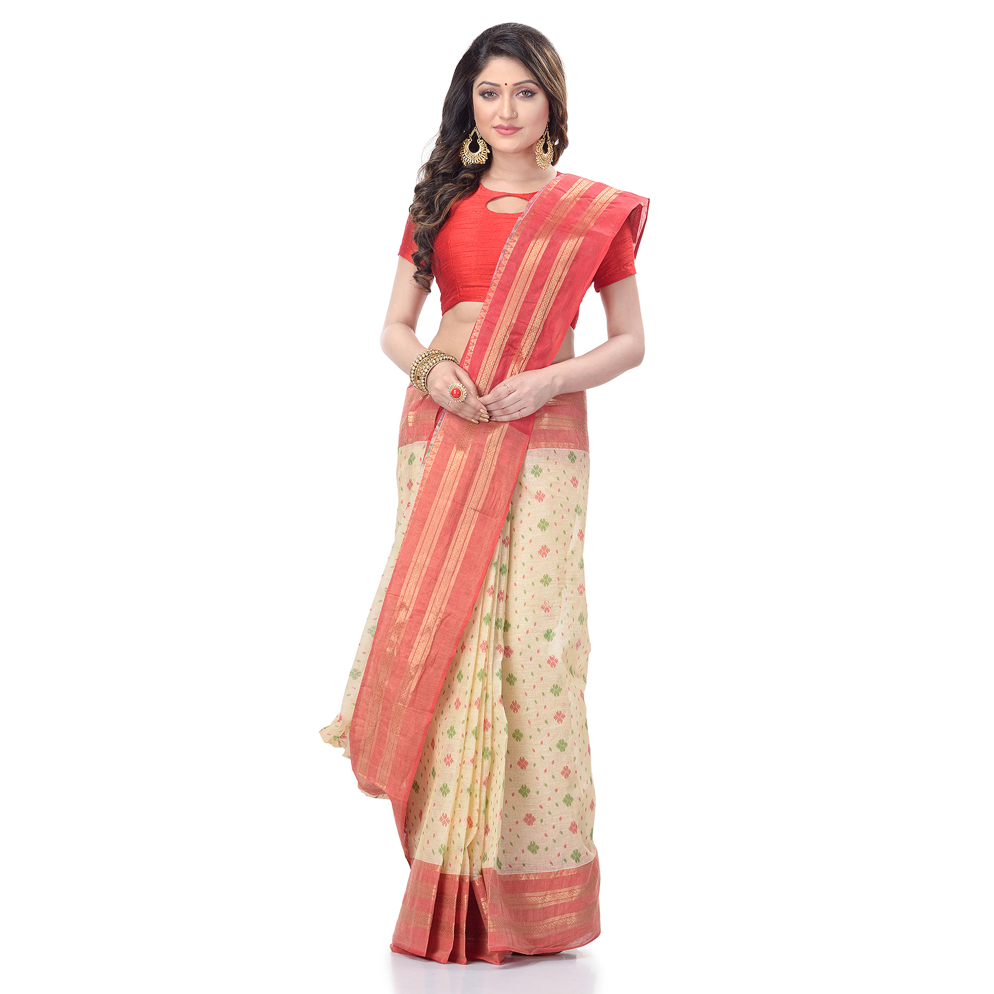 DESH BIDESH Women`s Bengal Tant Jamdani Print Design Pure Handloom Cotton Saree Without Blouse Piece (Red)